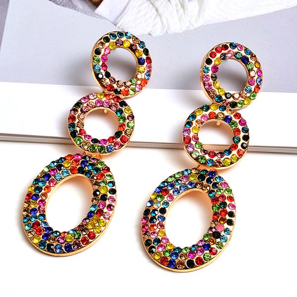 

wholesale fashion round metal colorful crystals long dangle drop earrings fine jewelry accessories for women christmas gift, Silver