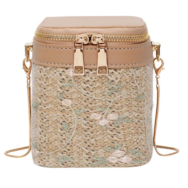 

straw weave bucket bags embroidery flower crossbody bag women chain shoulder bags lady bohemia style bali holiday beach handbag