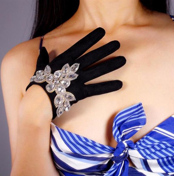 

five fingers gloves women' blingbling rhinestone beaded faux suede leather half palm short black female club party driving glove r1997, Blue;gray