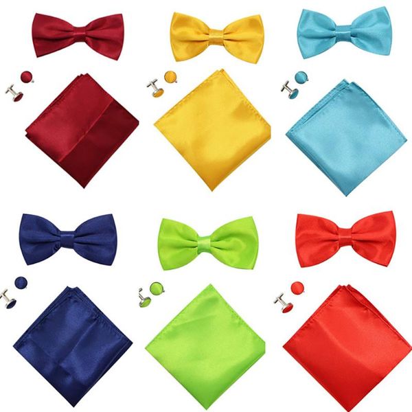 

bow ties 3pcs/set men solid color necktie set butterfly bowtie pocket handkerchief cufflinks fashion wedding party cravat bowknot for, Black;gray