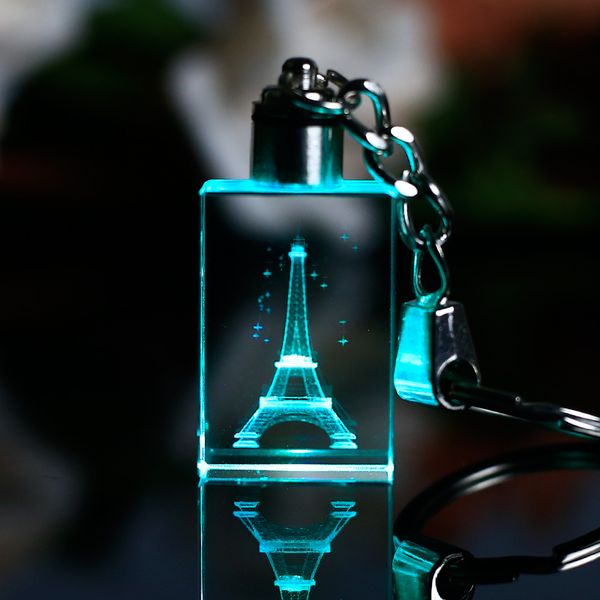 

keychains laser engraved tower crystal cube key chain hanging decoration with changing colors led light pendant travel souvenirs or gifts, Silver