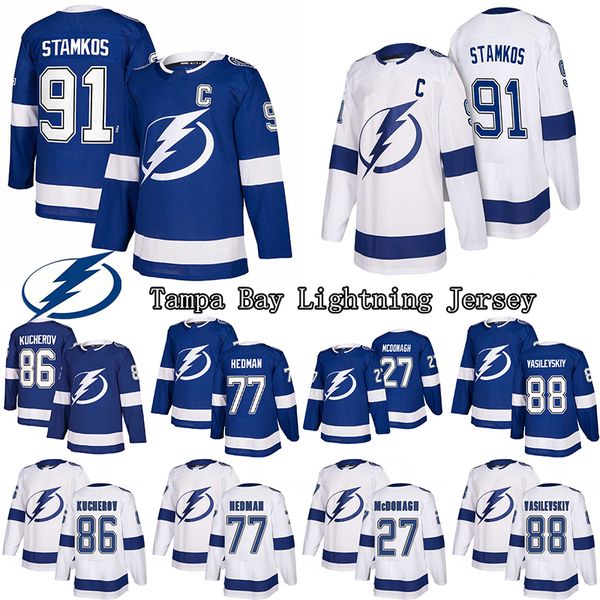 

2020 tampa bay lightning 91 steven stamkos 86 nikita kucherov 77 victor hedman 88 andrei vasilevskiy hockey jerseys, Black;red