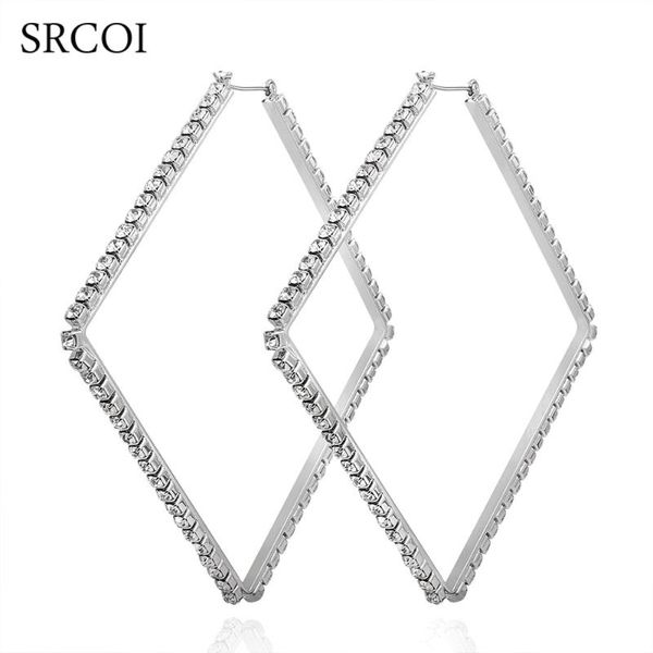 

srcoi luxury crystal square hoop earrings big statement rhinestones trendy earrings for women bridal weddings evening brincos, Golden;silver
