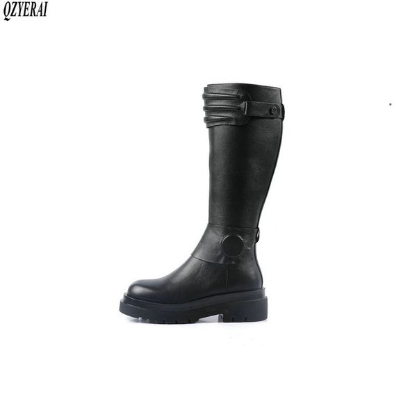 

boots qzyerai style the knee genuine leather female knight women's cowhide shoes, Black