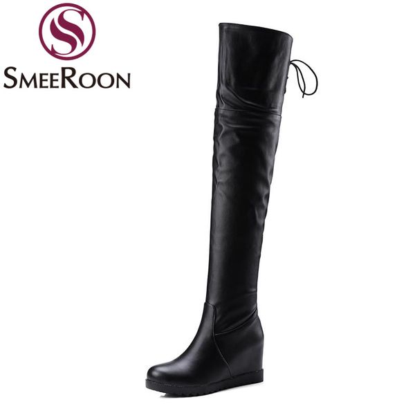 

boots smeeroon lace up thigh high woman round toe height increasing winter fashion office womens shoes over the knee, Black