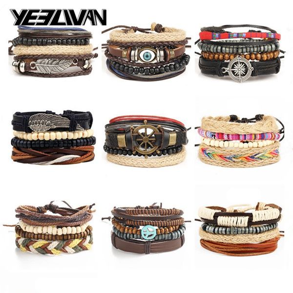 

vintage leather beads punk bracelets and bangles fashion multilayer rope wrap biker men's bracelets for women handmade jewelry, Golden;silver