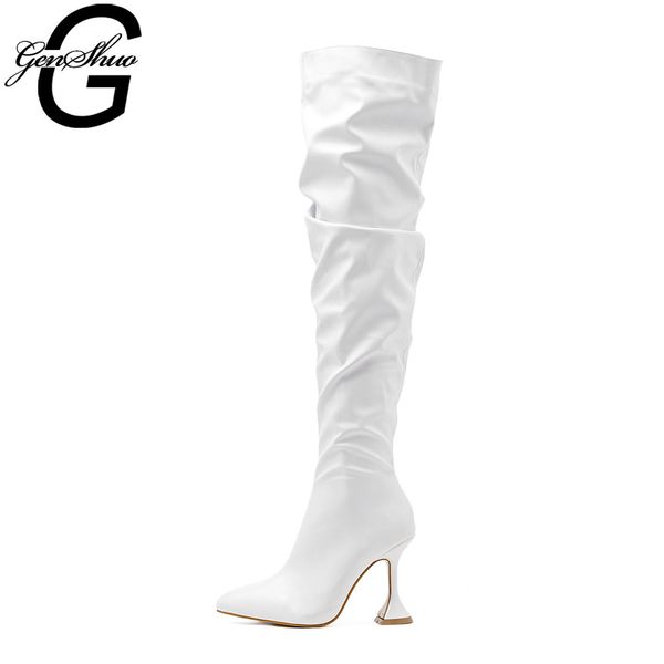 

genshuo winter over the knee boots women black white leather stilettos high heel thigh high boots pleated long shoes ladies fall