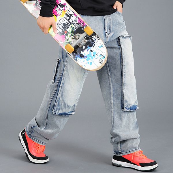 

jeans men men's plus size skateboard pants straight-leg motorcycle jeans men's skateboard blue with big pocket