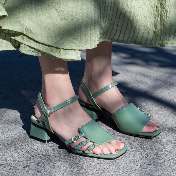 

ymechic fashion 2020 chunky block heels summer ladies shoes buckle strap genuine leather green black white women sandals 34-40