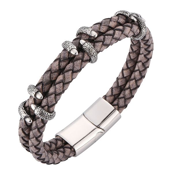 

men antique gray double braided leather bracelet retro stainless steel wristband magnetic buckle vintage jewelry bangles c0249g, Golden;silver