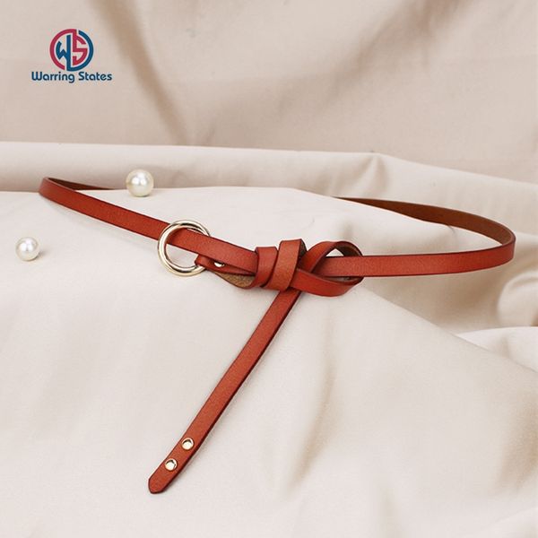 

new round buckle genuine leather knotted thin belt for women lacquered wild leather double rivet belt female, Black;brown