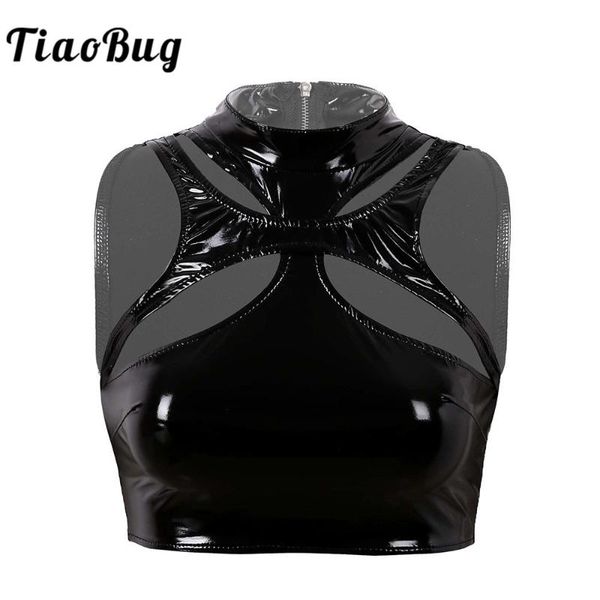 

tiaobug women wet look black patent leather high neck sleeveless vest crop female nightclub party punk gothic rave, White