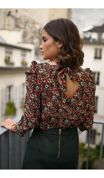 

bow decorated vintage flora printed high fashion designer womens shirts popular luxury long sleeves blouses, White