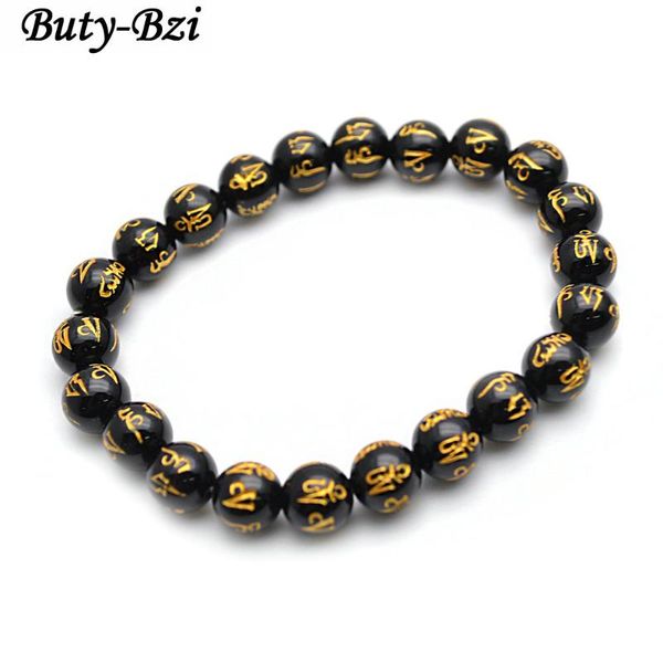

carved gold words om mani padme hum natural black onyx stone round beads mala bracelet (6mm 8mm 10mm 12mm, Golden;silver