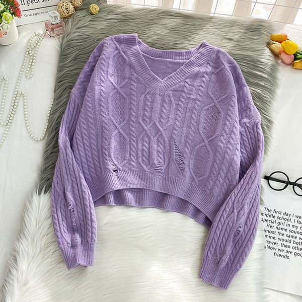 

autumn winter v-neck hole sweater for women casual v-neck long sleeve loose short pullover female purple/beige sweater 2020, White;black