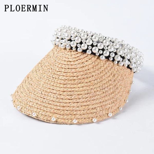 

wide brim hats women handmade sewing pearl headband hat 2021 raffia visor caps for fashion girls beach lady summer straw sun, Blue;gray