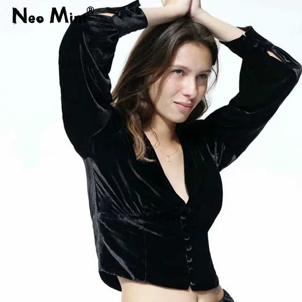 

autumn 2020 velvet button shirt women ins high street fashion long sleeve blouses shirts elegant ladies cropped blusas tees, White