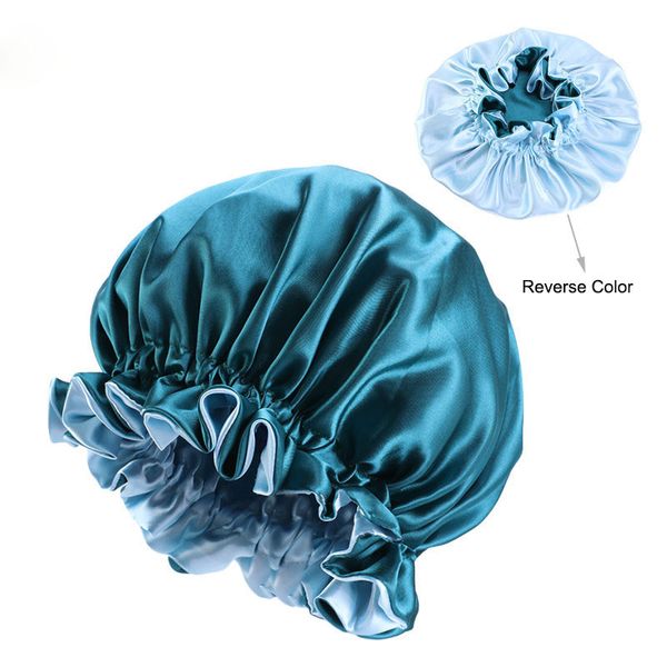 

women double layer satin sleep bonnet extra large solid color caps elastic ruffles reversible hair head cover 7 colors, Blue;gray