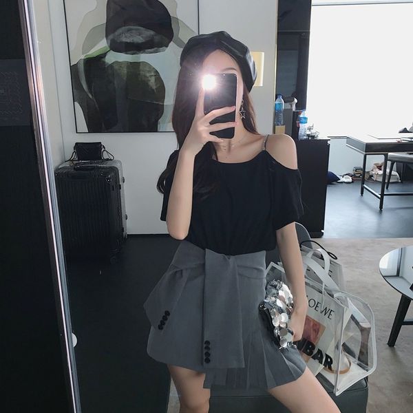 

internet celebrity 2020 summer short-sleevedshoulder t-shirt t-shirt elegant western style cute pleated skirt two-piece suit for women 1nbep, Gray