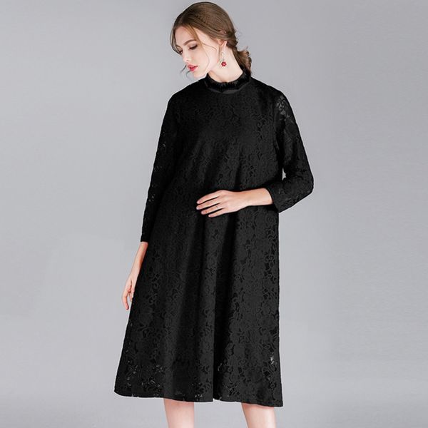 

fat mm2019 large size women's spring new red festive small stand dress dresslace dresscollar contrast color slimming lace dress 7139 dr, Black;gray