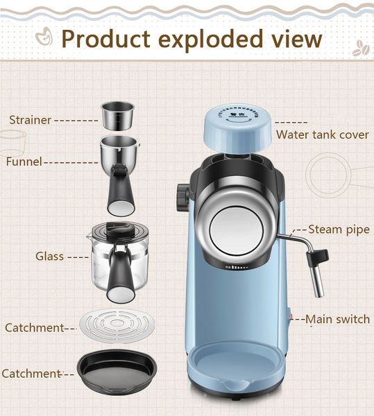 

DMWD Espresso Coffee Machine Semi-automatic Coffee Maker Cappuccino Moka Milk Frother Foamer High-pressure 5 BAR for home