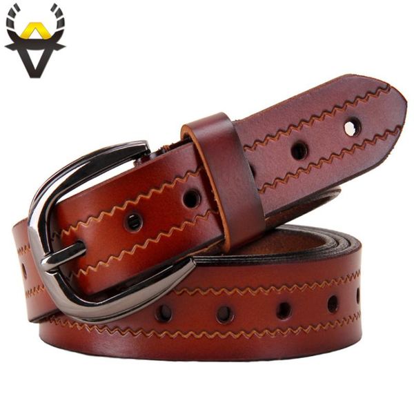 

fashion holes genuine leather belts for women second layer cowskin woman belt pin buckle strap for jeans female red, Black;brown