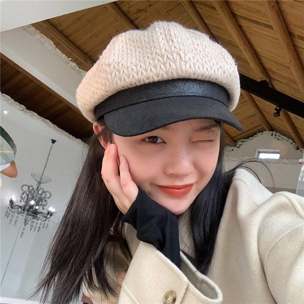 

hat female japanese knitted octagonal hat 2020 autumn and winter new retro wild thick warmth literary beret, Blue;gray