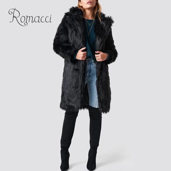 

women's fur & faux fashion women fluffy jacket solid color notched collar long sleeve slim fit coat warm luxury outerwear, Black