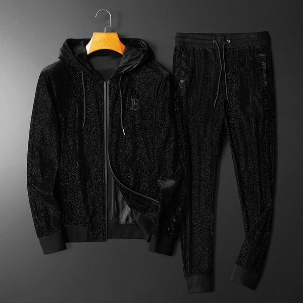 

2020 autumn new casual and comfortable gold velvet men's hooded casual sports suit korean style slim pants men's suit, Gray