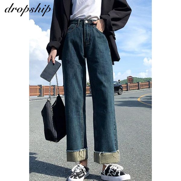 

high waist baggy jeans for women wide-leg long denim straight pants streetwear women's loose plus size black woman mom jeans, Blue