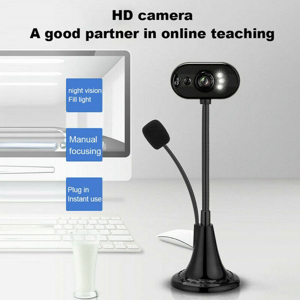 

1pcs hd webcam computer camera microphone usb interface flexible rotation 4 led lights adjustable focus camera