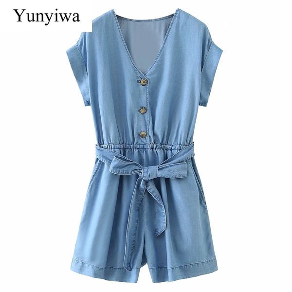 

women's jumpsuits & rompers 2021 women vintage v neck short sleeve breasted denim playsuits ladies bow tied sashes conjoined shorts chi, Black;white