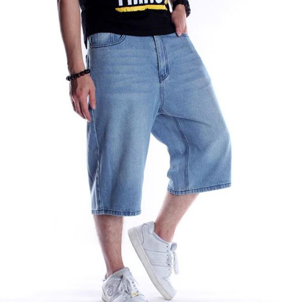 

men's jeans mens loose baggy denim short men fashion streetwear hip hop long 3/4 capri cargo shorts male blue plus size 44 46