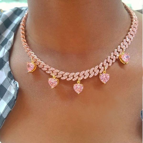 

new arrived pink Heart CZ charm necklace iced out pinky 5A cz cuban link chain choker necklace girlfriend lover gift jewelry