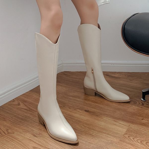 

boots knight knee high for women wide calf shoes winter warm fleece pointed toe middle heels chunky cowgirl western, Black