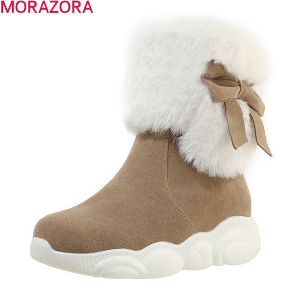 

morazora 2020 winter snow boots comfortable med heels square toe ladies shoes fashion bowknot keep warm ankle boots women, Black