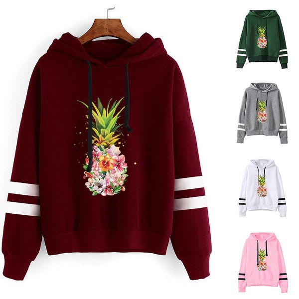 

women hoodie flower pineapple printed hoodies women double striped long sleeve fleece sweatshirt with hat girls pullovers 0916, Black