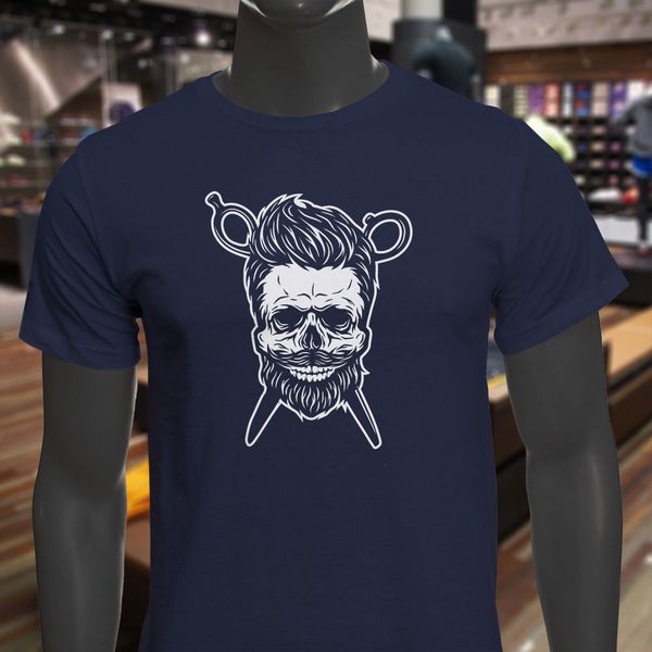 

mens t shirts fashion 2019 barber scissors skull beard haircut old school mens navy t-shirt 100% cotton tee shirts