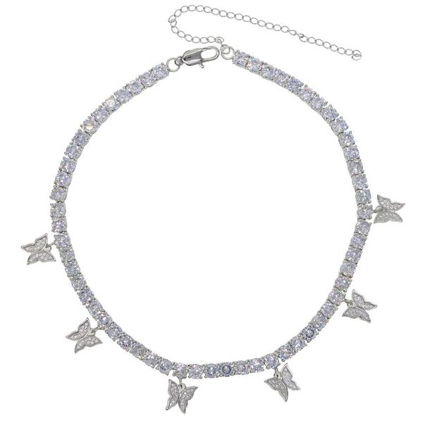 

selling women hip hop chokers chain butterfly necklace iced out tennis chain micro pave bling pink clear cz punk animal necklace, Silver