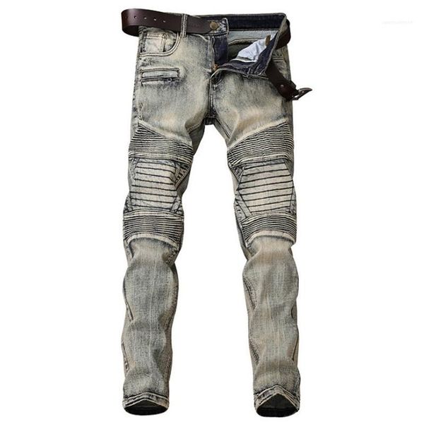 

male trousers casual designer homme pencil pants spring mens pleated line jeans solid washed panelled fashion, Blue