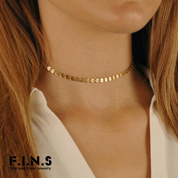 

f.i.n.s three-tones stainless steel choker necklace women korean minimalist necklaces for women round sequin necklace jewelry, Golden;silver