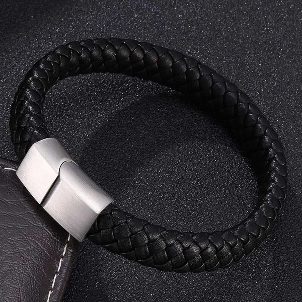 

black braided leather handmade men bracelets stainless steel magnetic clasps male wrist band fashion jewelry gifts 740, Golden;silver