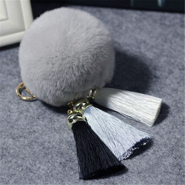 

fashion keychain natural rex rabbit fur fluffy key chains for handbags ring pom trendy women bag pendant plush car ornament, Silver