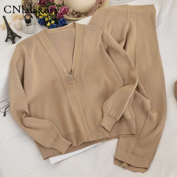 

cnlalaxury2020 autumn new 2 piece set women sporting suits knitting cardigan + ankle-length pants sporting wear female tracksuit, Gray