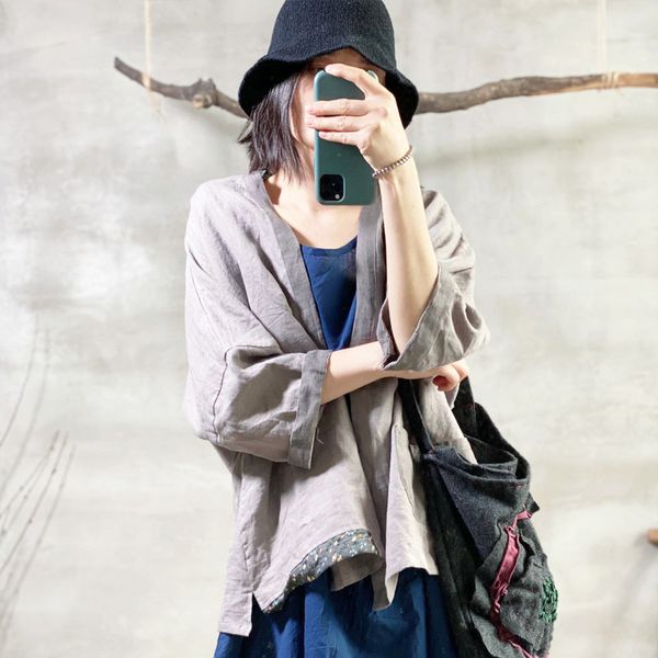

women's jackets women loose patchwork single button jacket ladies summer linen coat outerwea female 2021 flax simple, Black;brown