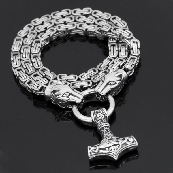

men stainless steel viking oidn wolf head with thor hammer mjolnir pendant necklace -king chain, Silver
