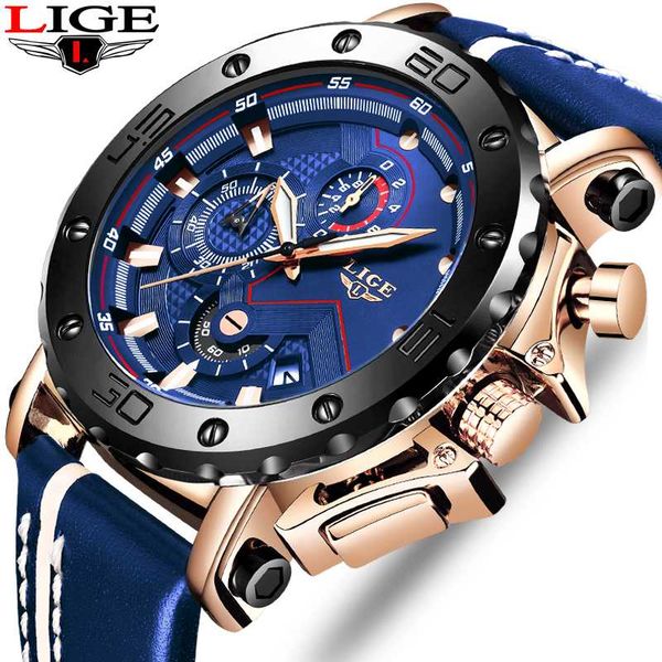 

relogio masculino 2020 lige blue leather mens watches luxury sport watch men stainless steel case multifunction quartz clock, Slivery;brown