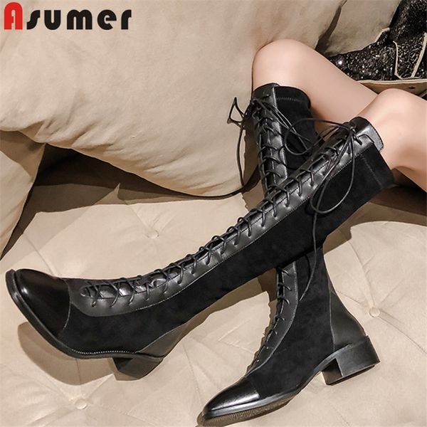 

asumer 2020 new arrive genuine leather boots zipper&lace up high knee boots women shoes square low heels winter, Black
