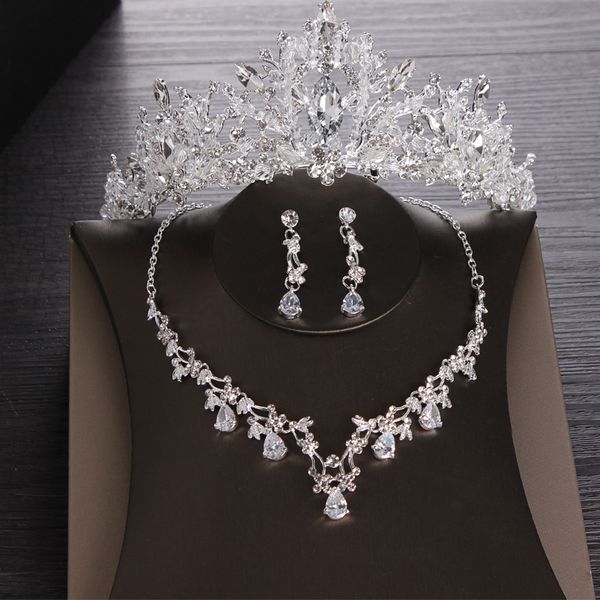 

luxury heart crystal bridal jewelry sets wedding crown tiaras earring necklace set african beads jewelry set zirconia accesorios, Silver