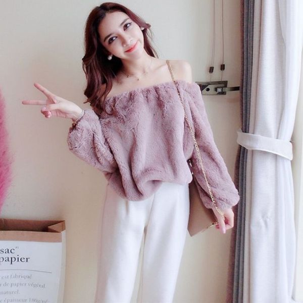 

off shoulder velvet warm sweater women elegant sweater women casual solid woolen pullovers for sweaters 2020 autumn, White;black